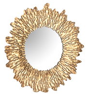 Runder Spiegel mit einem goldfarbenen, wellenförmigen Rahmen, aus der Frontalperspektive betrachtet.