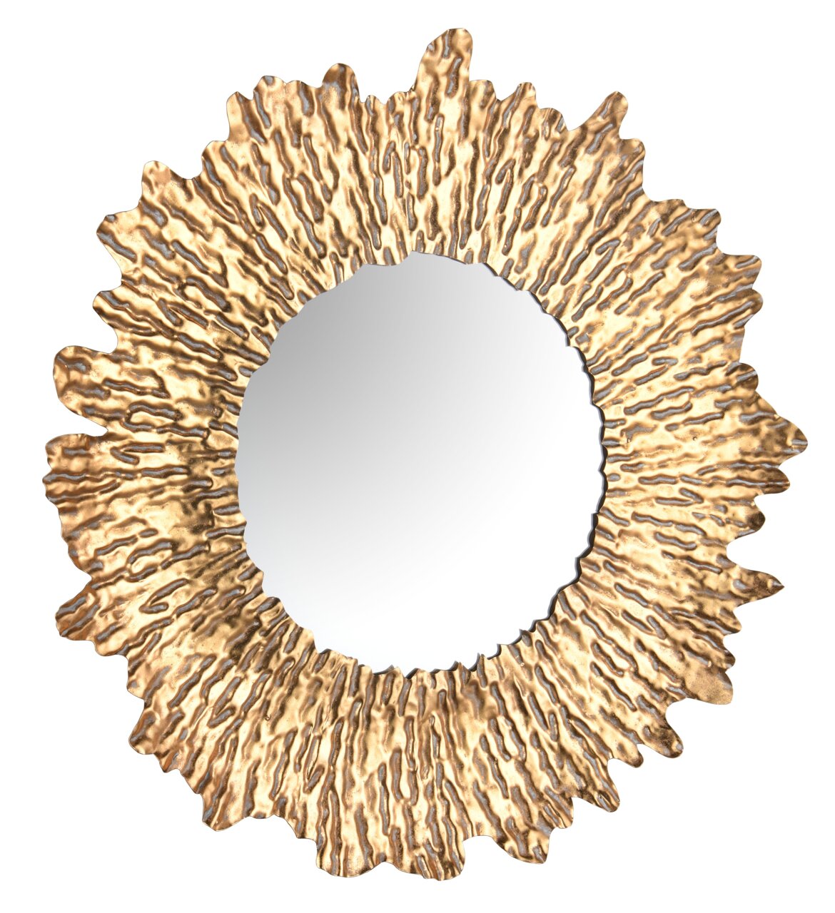 Runder Spiegel mit einem goldfarbenen, wellenförmigen Rahmen, aus der Frontalperspektive betrachtet.