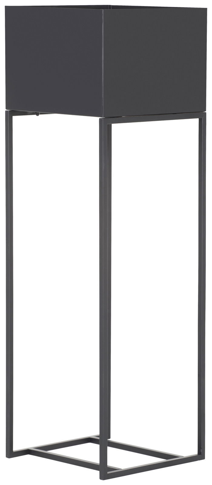 Schwarze Blumensäule aus Metall mit quadratischem Pflanzgefäß, seitliche Perspektive