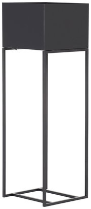 Schwarze Blumensäule aus Metall mit quadratischem Pflanzgefäß, seitliche Perspektive