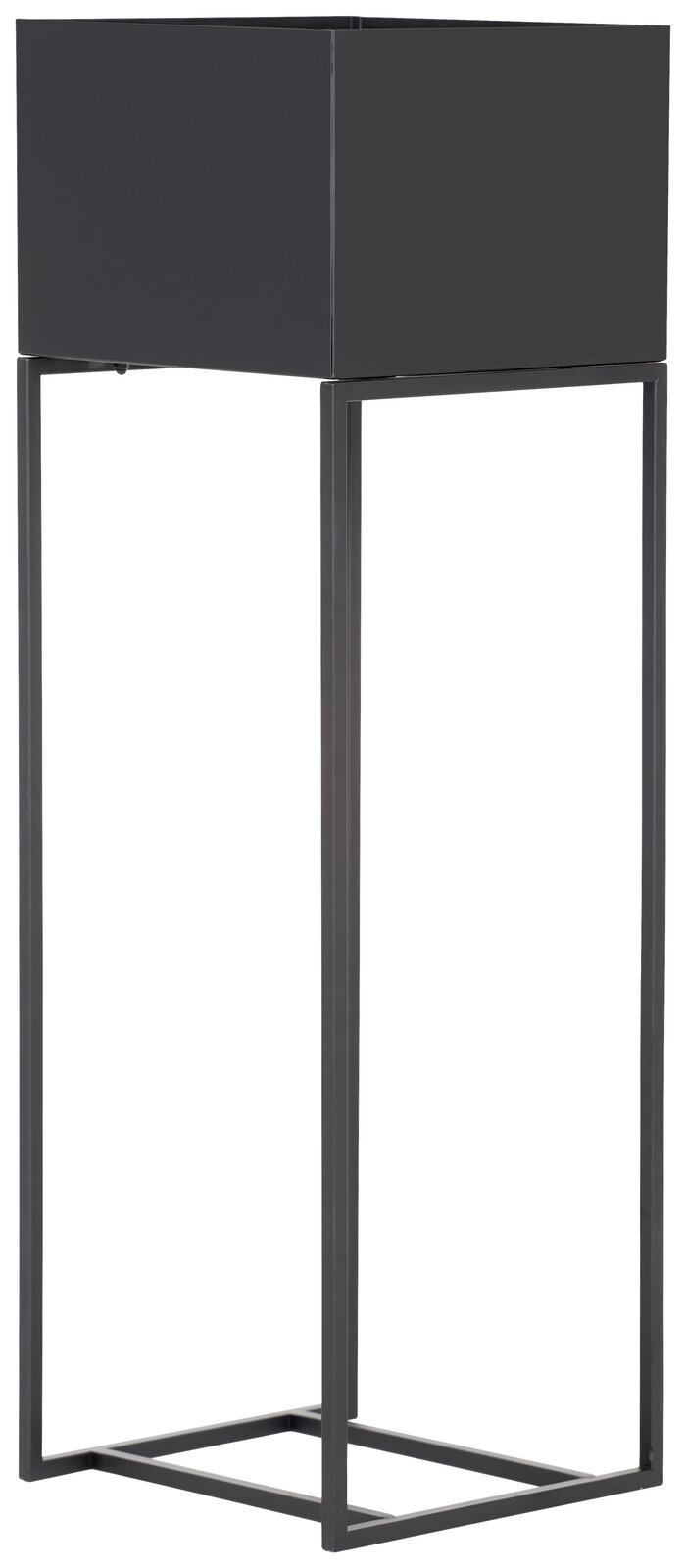 Schwarze Blumensäule aus Metall mit quadratischem Pflanzgefäß, seitliche Perspektive