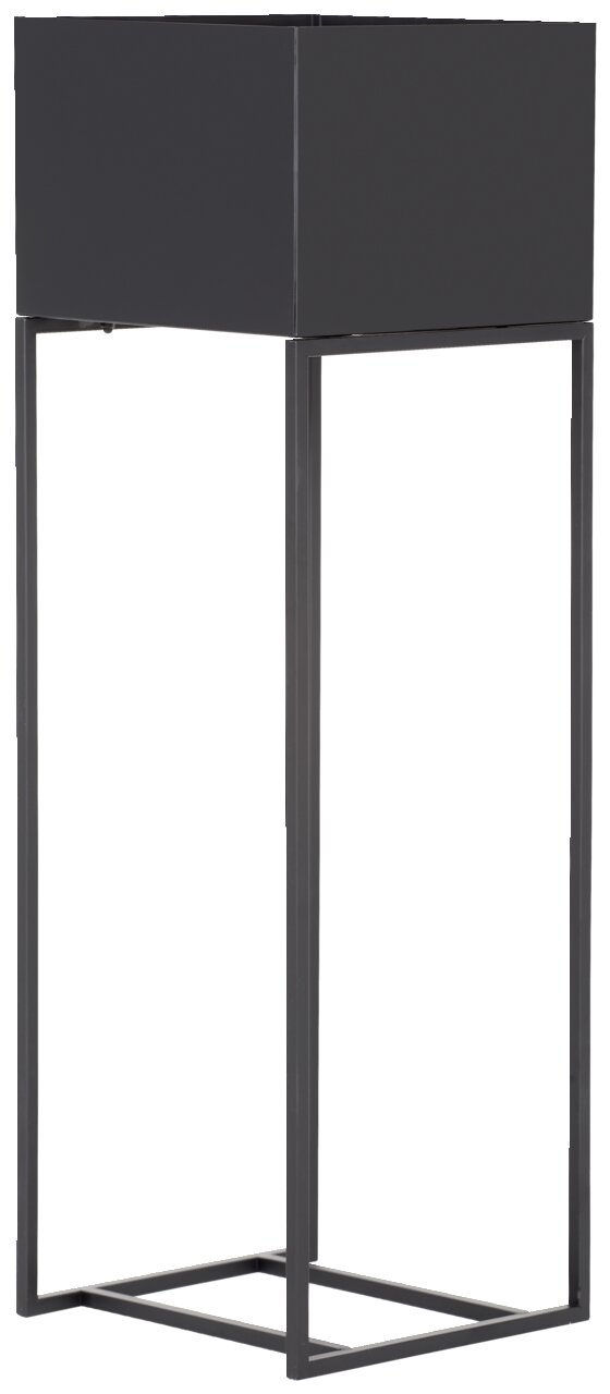 Schwarze Blumensäule aus Metall mit quadratischem Pflanzgefäß, seitliche Perspektive