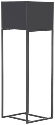 Schwarze Blumensäule aus Metall mit quadratischem Pflanzgefäß, seitliche Perspektive