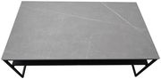 Moderner Couchtisch mit grauer Steinoptik-Oberfläche und schwarzem Metallgestell, Ansicht von oben.