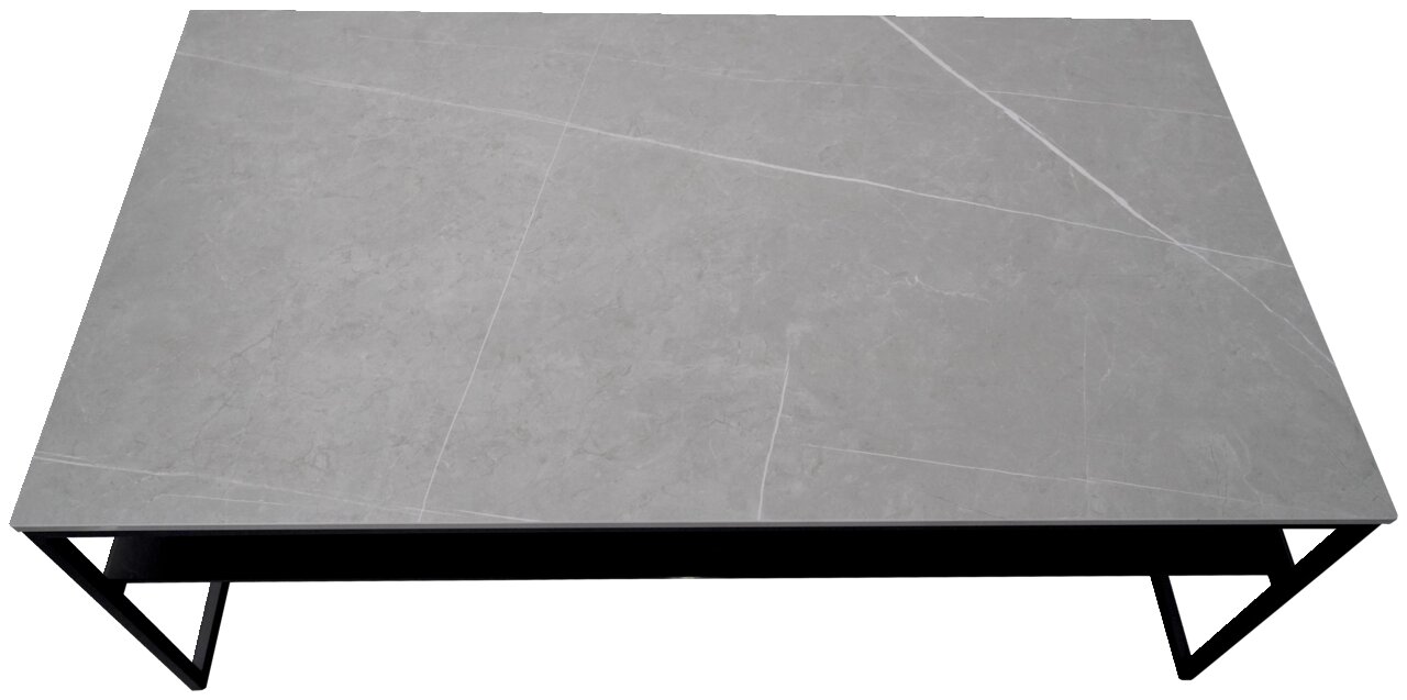 Moderner Couchtisch mit grauer Steinoptik-Oberfläche und schwarzem Metallgestell, Ansicht von oben.