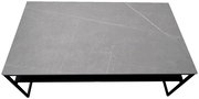 Moderner Couchtisch mit grauer Steinoptik-Oberfläche und schwarzem Metallgestell, Ansicht von oben.