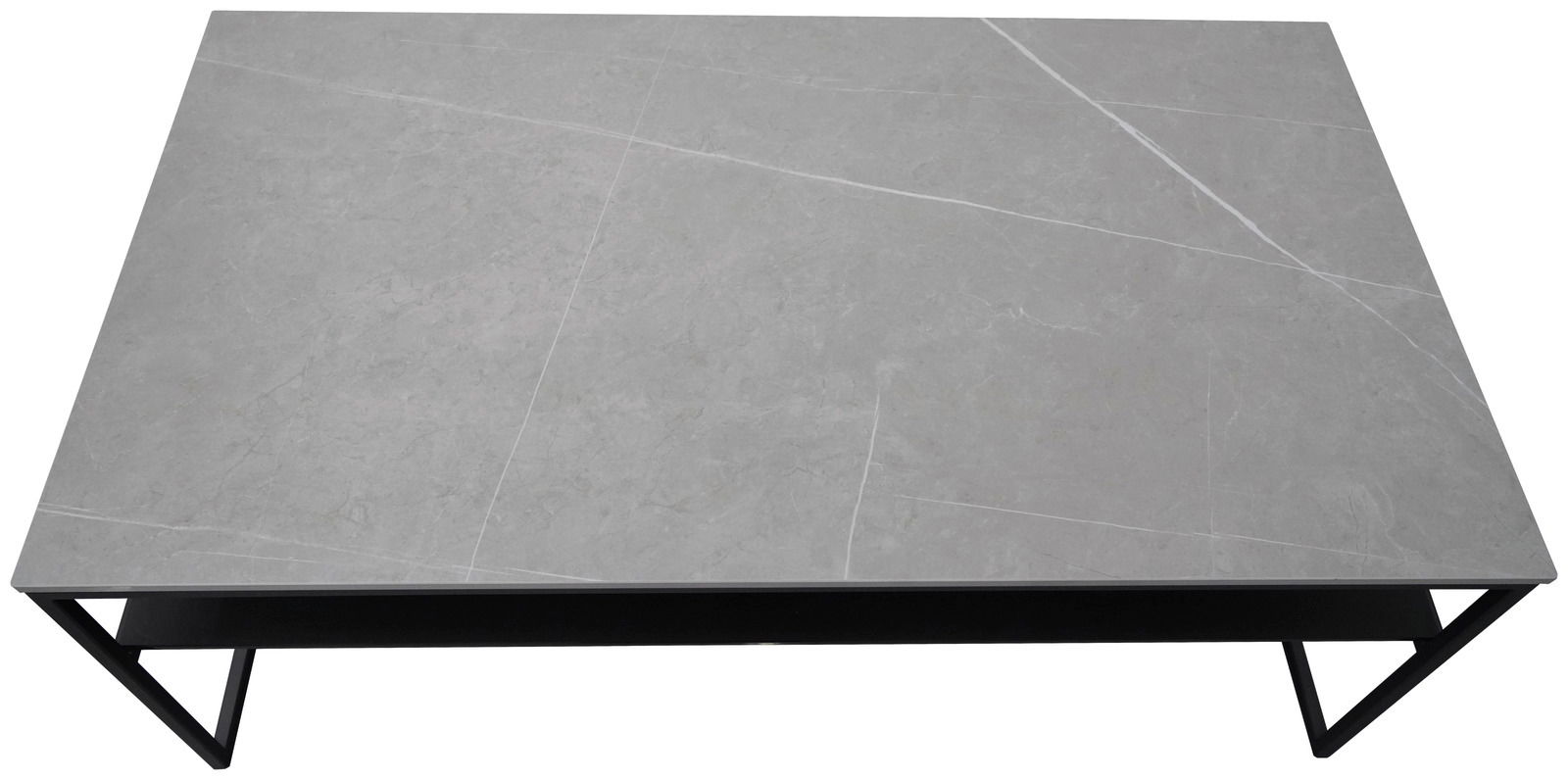 Moderner Couchtisch mit grauer Steinoptik-Oberfläche und schwarzem Metallgestell, Ansicht von oben.