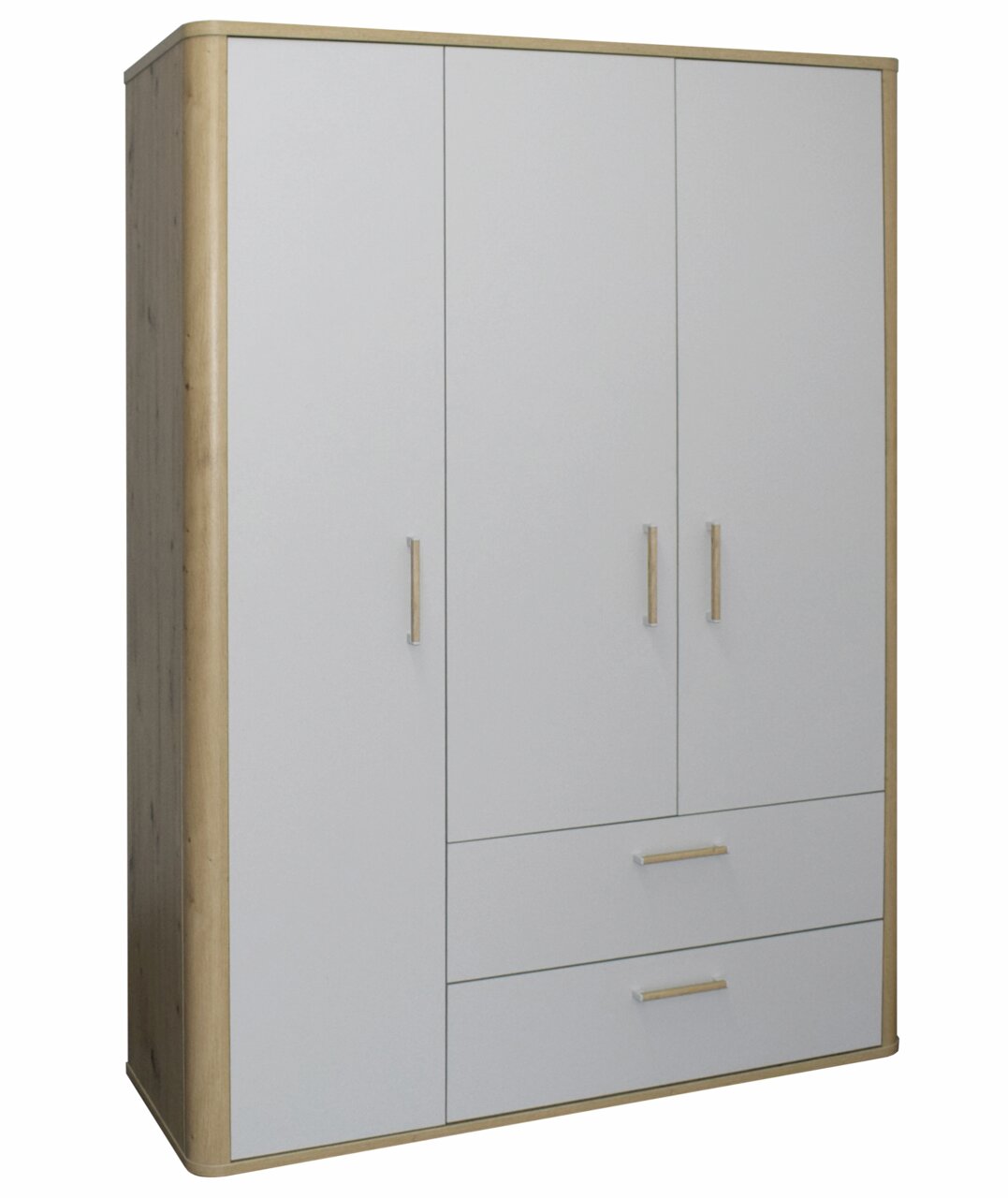 Moderner Kleiderschrank mit drei Türen und zwei Schubladen, aus hellem Holz und weißem Material, seitliche Perspektive
