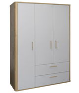 Moderner Kleiderschrank mit drei Türen und zwei Schubladen, aus hellem Holz und weißem Material, seitliche Perspektive