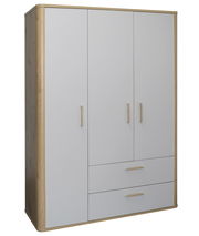 Moderner Kleiderschrank mit drei Türen und zwei Schubladen, aus hellem Holz und weißem Material, seitliche Perspektive