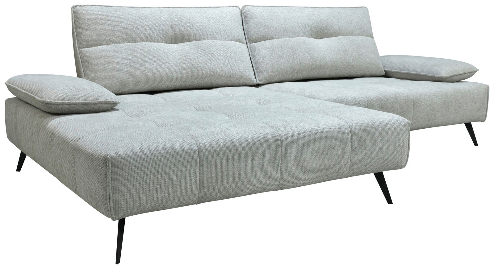 Graue Longchairkombination mit zwei Rückenkissen und Armlehnen, seitliche Perspektive