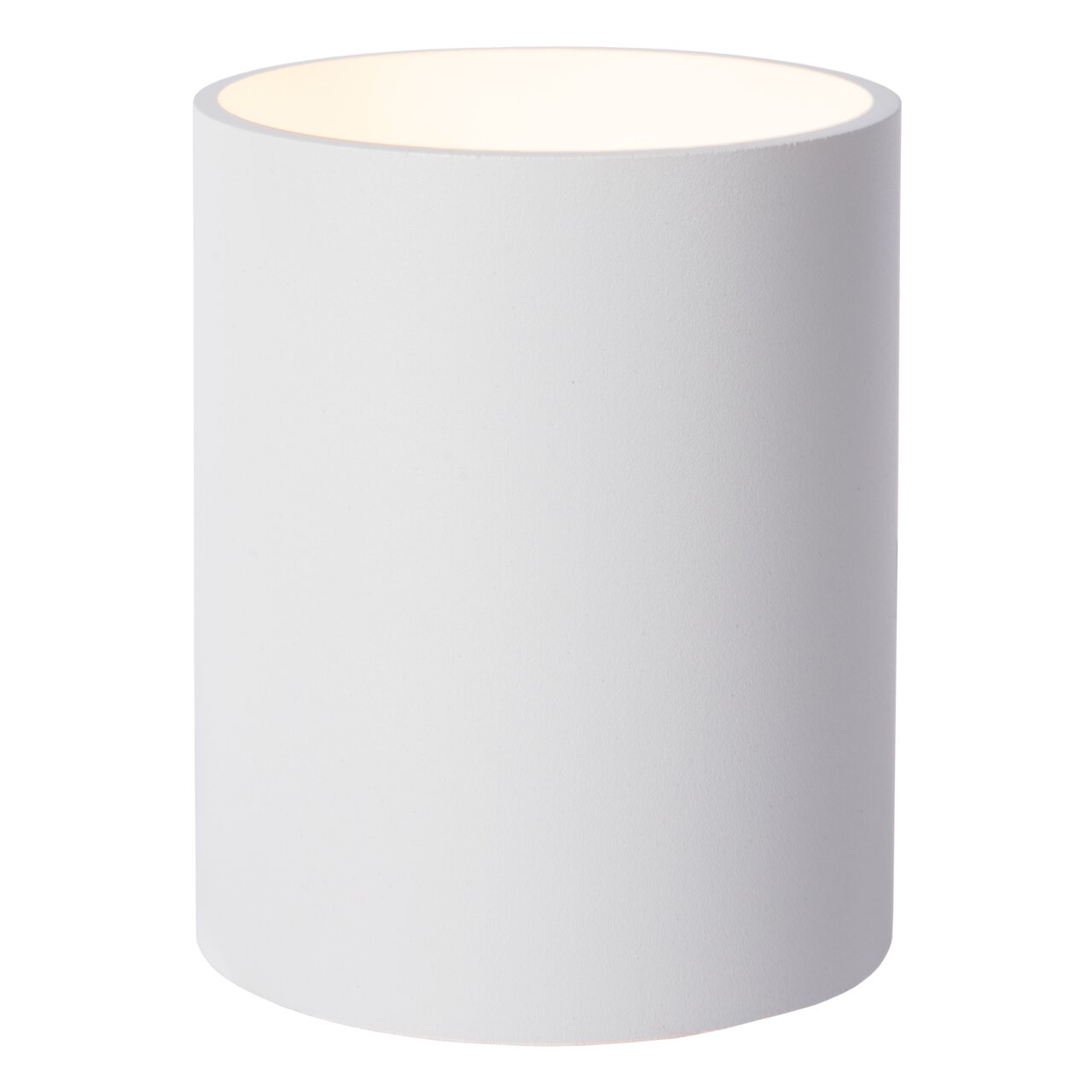 Cilindrische witte wandlamp vanuit zijaanzicht
