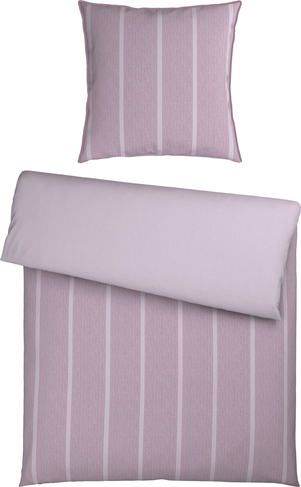 Bettwäsche-Set in Rosa/Lila mit feinen vertikalen Streifen, bestehend aus Kissenbezug und Deckenbezug, freigestellt auf weißem Hintergrund; Draufsicht/Frontansicht auf das Produkt