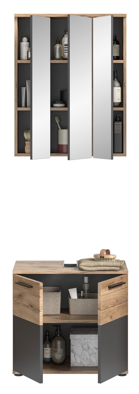 Badezimmerschrank-Kombination mit Spiegelschrank und Unterschrank in Holzoptik, frontal abgebildet. Der Spiegelschrank zeigt geöffnete Türen mit Pflegeprodukten, der Unterschrank hat geöffnete Türen mit Körben und Flaschen.