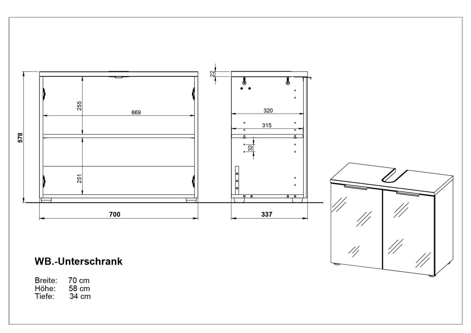 Technische Zeichnung eines Unterschranks mit zwei Türen, Frontansicht und Seitenansicht. Maße: Breite 70 cm, Höhe 58 cm, Tiefe 34 cm.
