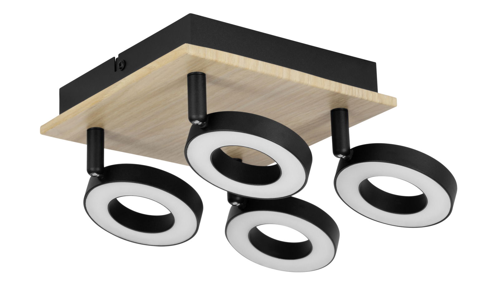 Deckenleuchte mit vier runden, schwarzen Spots auf einer Holzplatte, Perspektive von unten