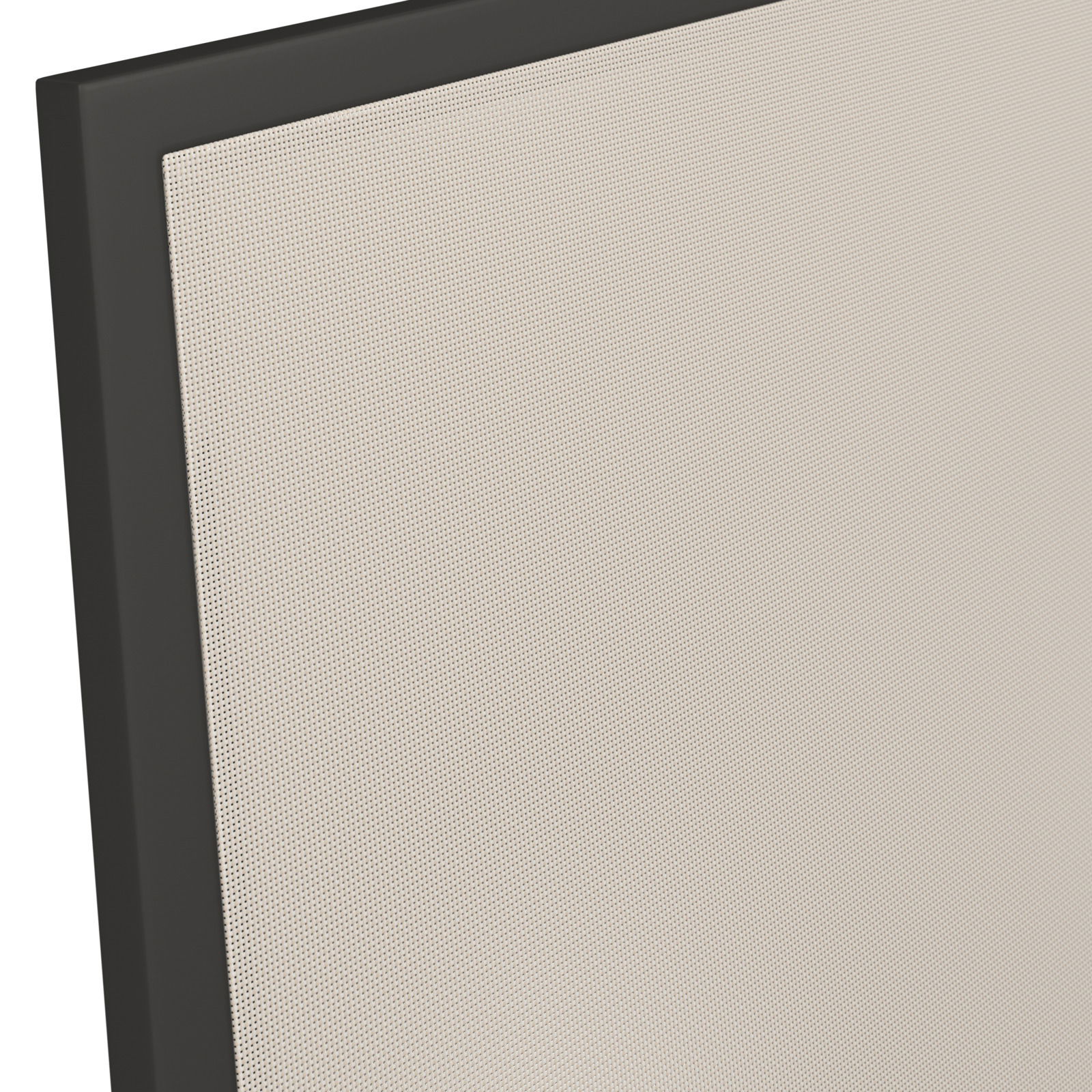 Nahaufnahme einer Loungeecke mit schwarzem Rahmen und beigem Stoffbezug, perspektivisch von der Seite aufgenommen.