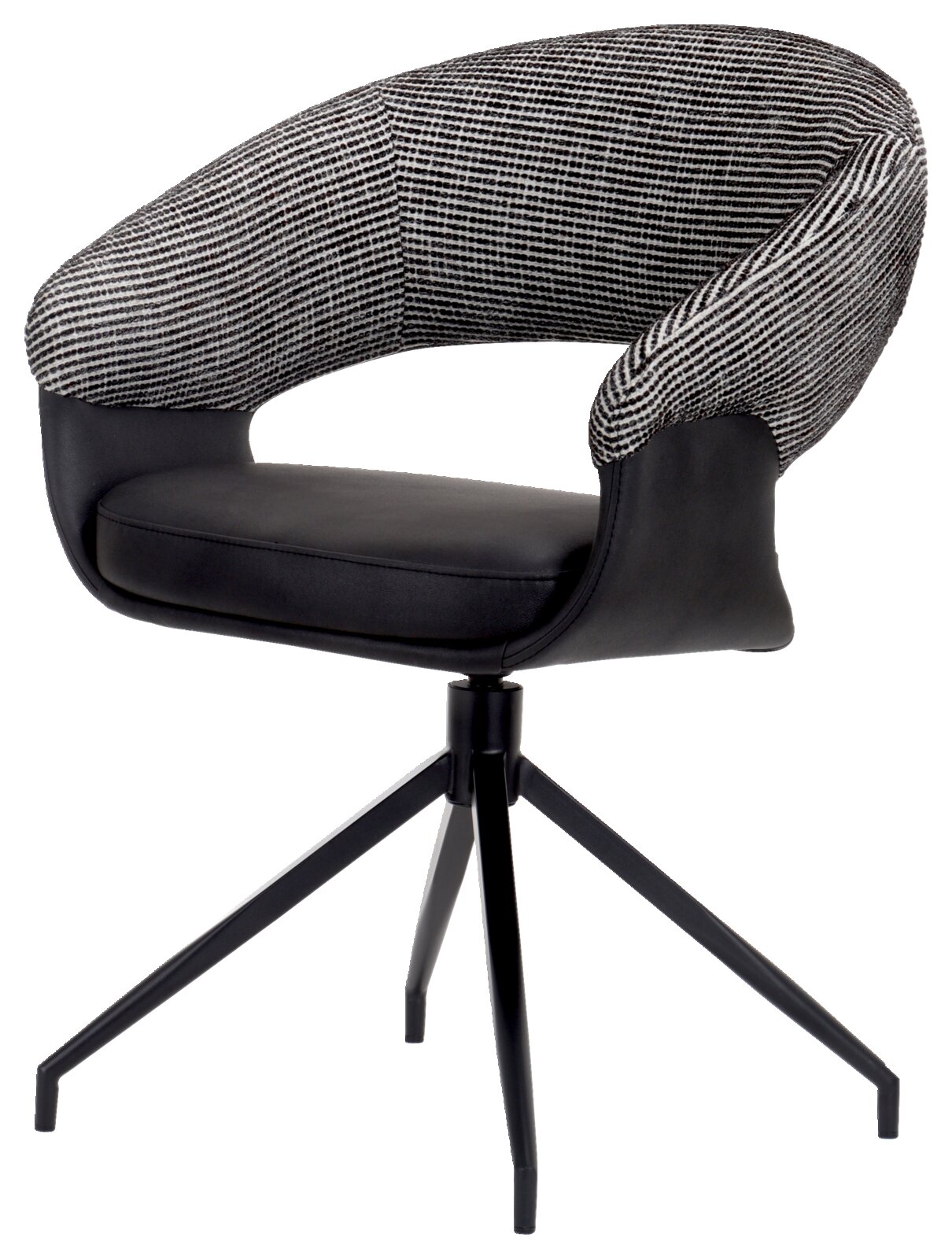 Moderne fauteuil met zwart-witte stofbekleding en een zwarte zitting, zijaanzicht