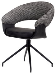 Moderne fauteuil met zwart-witte stofbekleding en een zwarte zitting, zijaanzicht