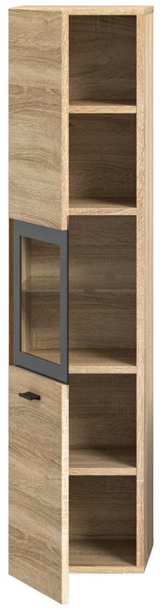 Moderner Badschrank aus Holz mit Glastür, seitliche Perspektive