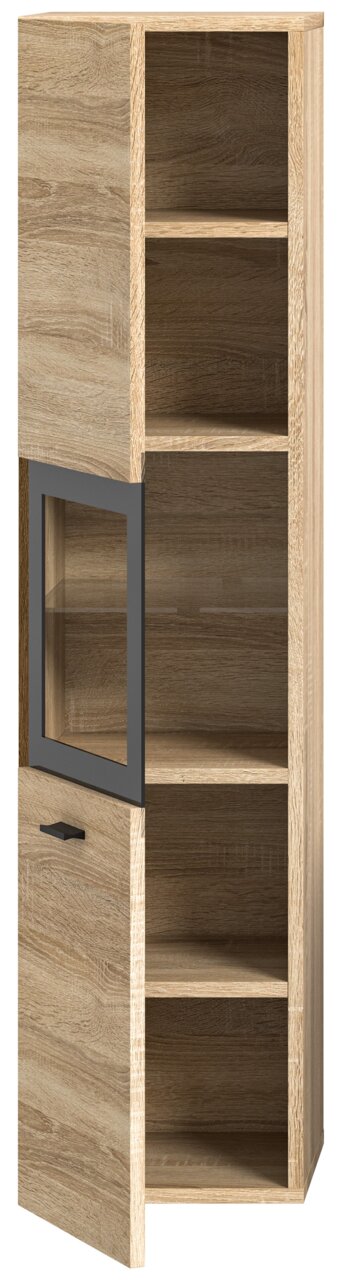 Moderner Badschrank aus Holz mit Glastür, seitliche Perspektive