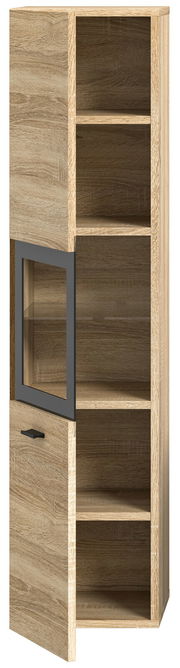 Moderner Badschrank aus Holz mit Glastür, seitliche Perspektive