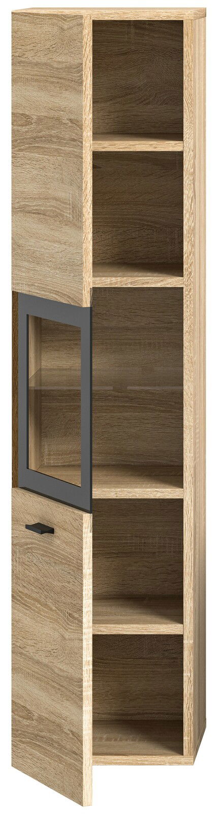 Moderner Badschrank aus Holz mit Glastür, seitliche Perspektive