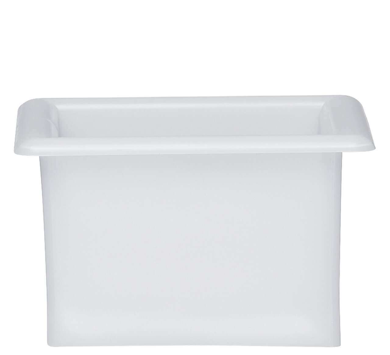 Weiße Kunststoffbox, frontal fotografiert, mit leicht abgerundeten Ecken.