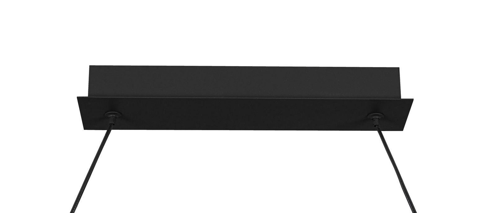 Schwarze LED-Hängeleuchte von unten betrachtet mit rechteckiger Deckenhalterung und zwei Kabeln.