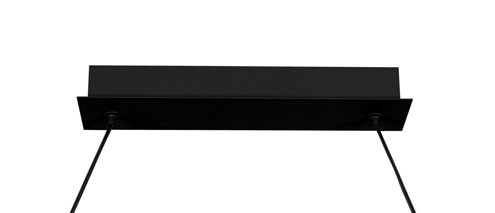 Zwarte LED-hanglamp, van onderaf gezien, met rechthoekige plafondbevestiging en twee kabels.