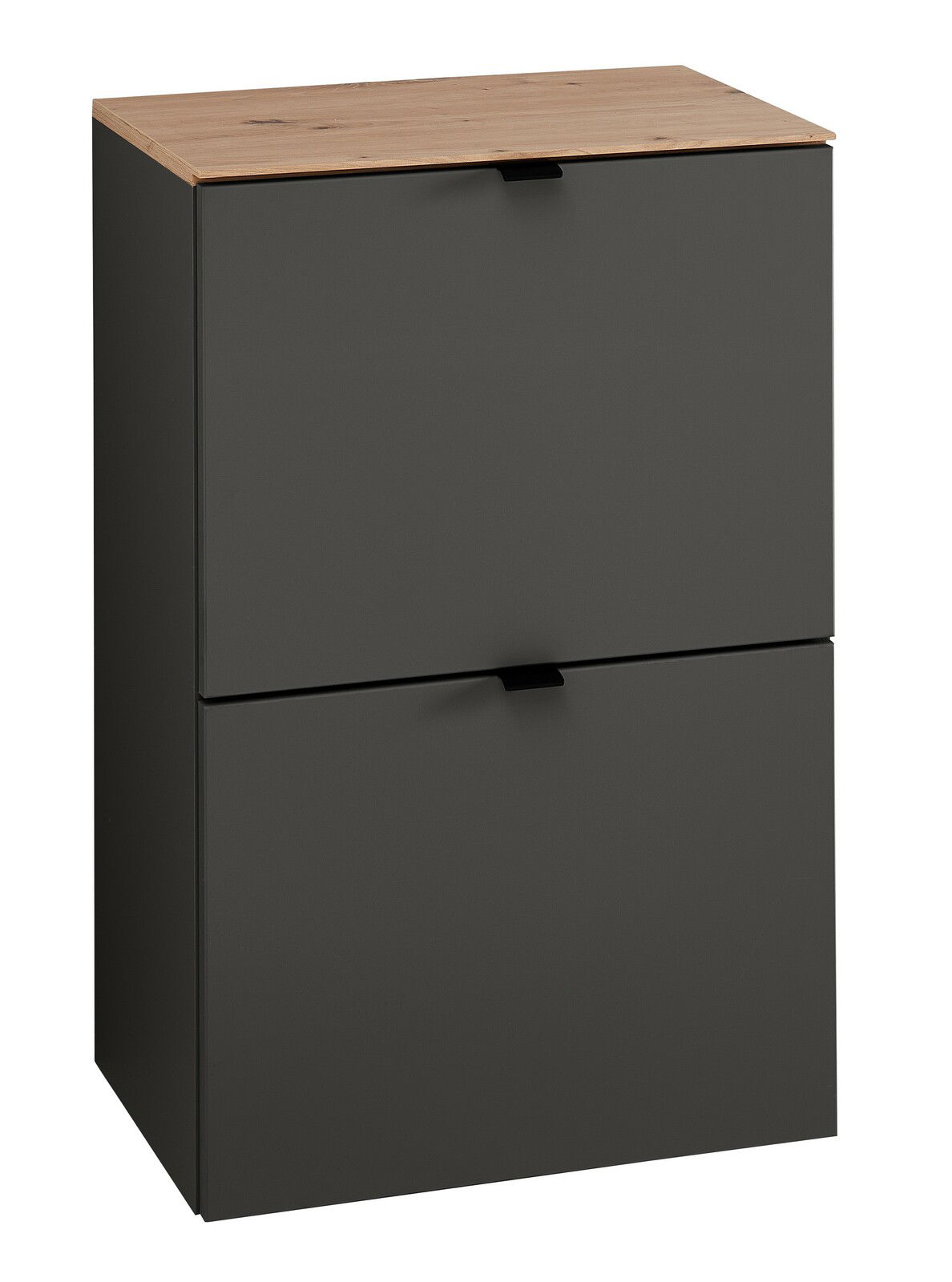 Voleo Hänge-Schuhschrank DIANA Moderner, schmaler Hänge-Schuhschrank mit zwei Klappen in dunklem Grau und Holzoberfläche, seitliche Perspektive