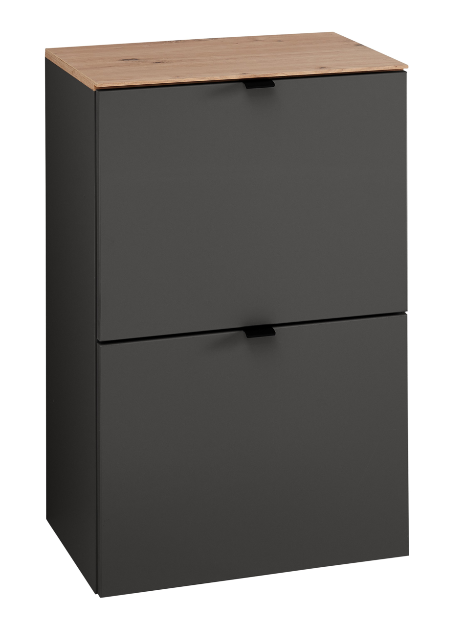 Moderner, schmaler Hänge-Schuhschrank mit zwei Klappen in dunklem Grau und Holzoberfläche, seitliche Perspektive
