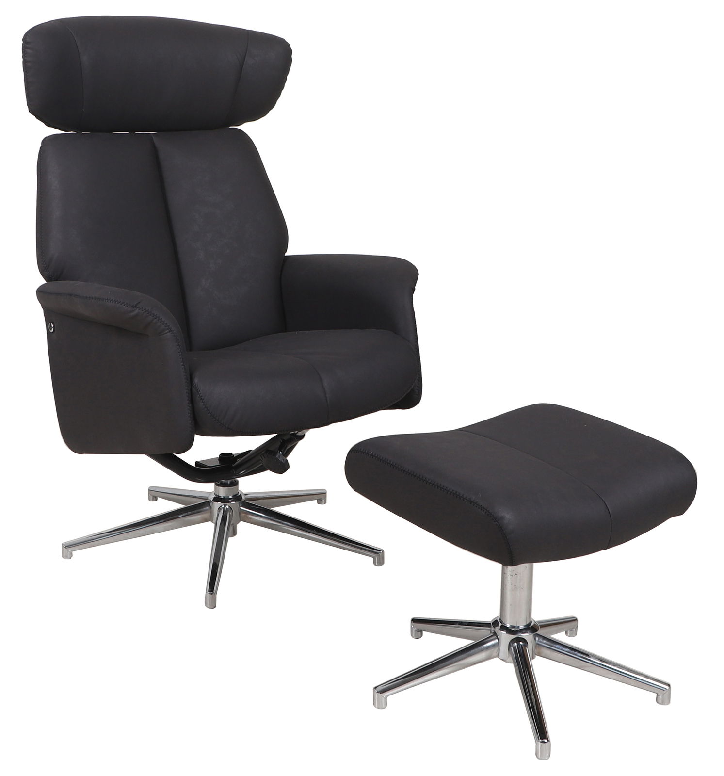 Schwarzer Relaxsessel mit Hocker, seitliche Perspektive, auf verchromtem Drehfuß.