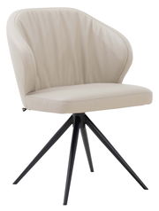 Moderner Armlehnstuhl mit beigem Polster und schwarzen Metallbeinen, seitliche Perspektive