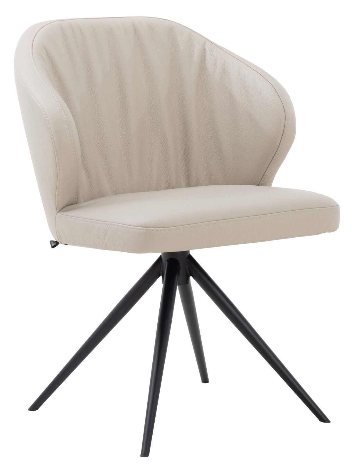 Moderner Armlehnstuhl mit beigem Polster und schwarzen Metallbeinen, seitliche Perspektive
