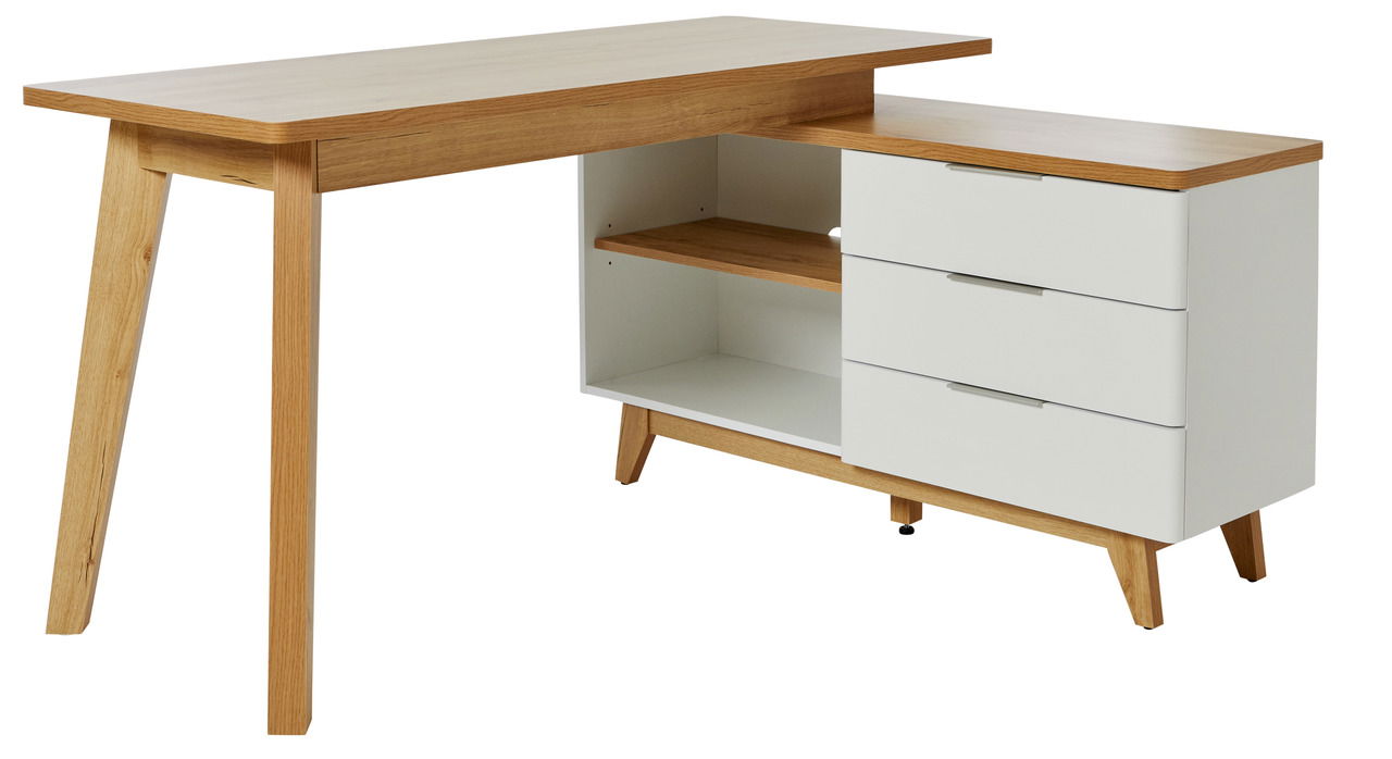 Jahnke Eckschreibtisch LIBRE Moderner Eck-Schreibtisch aus Holz mit weißem Stauraum und Schubladen, seitliche Perspektive