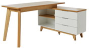 Moderner Eck-Schreibtisch aus Holz mit weißem Stauraum und Schubladen, seitliche Perspektive