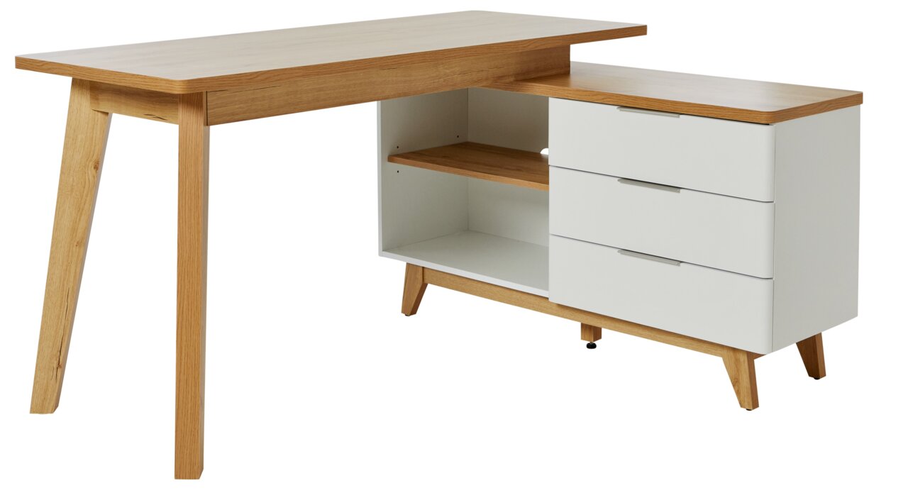 Moderner Eck-Schreibtisch aus Holz mit weißem Stauraum und Schubladen, seitliche Perspektive