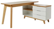 Moderner Eck-Schreibtisch aus Holz mit weißem Stauraum und Schubladen, seitliche Perspektive