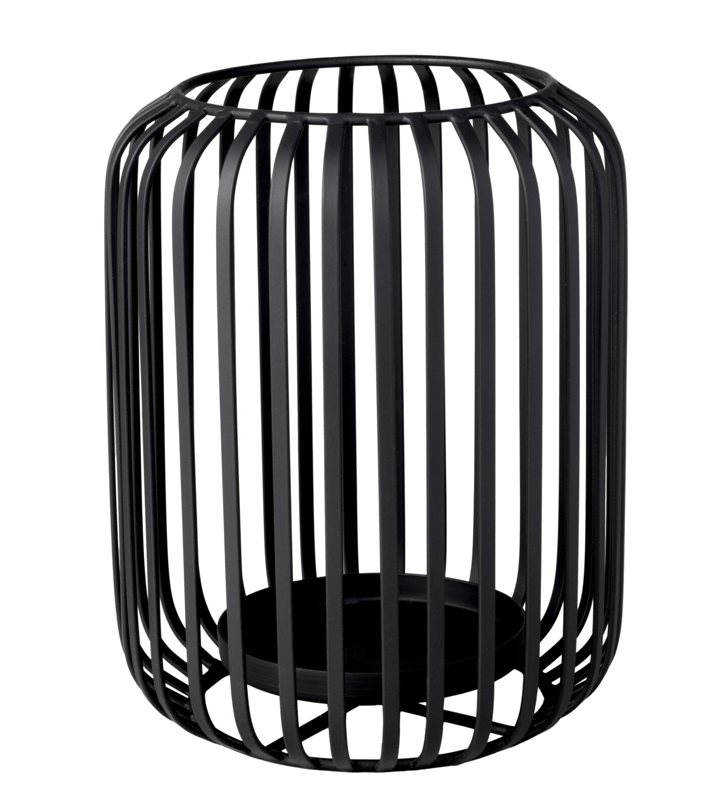 Schwarze Metalllaterne mit elegantem, offenem Strebendesign und rundem Kerzenteller, in frontaler Dreiviertelansicht leicht von oben dargestellt