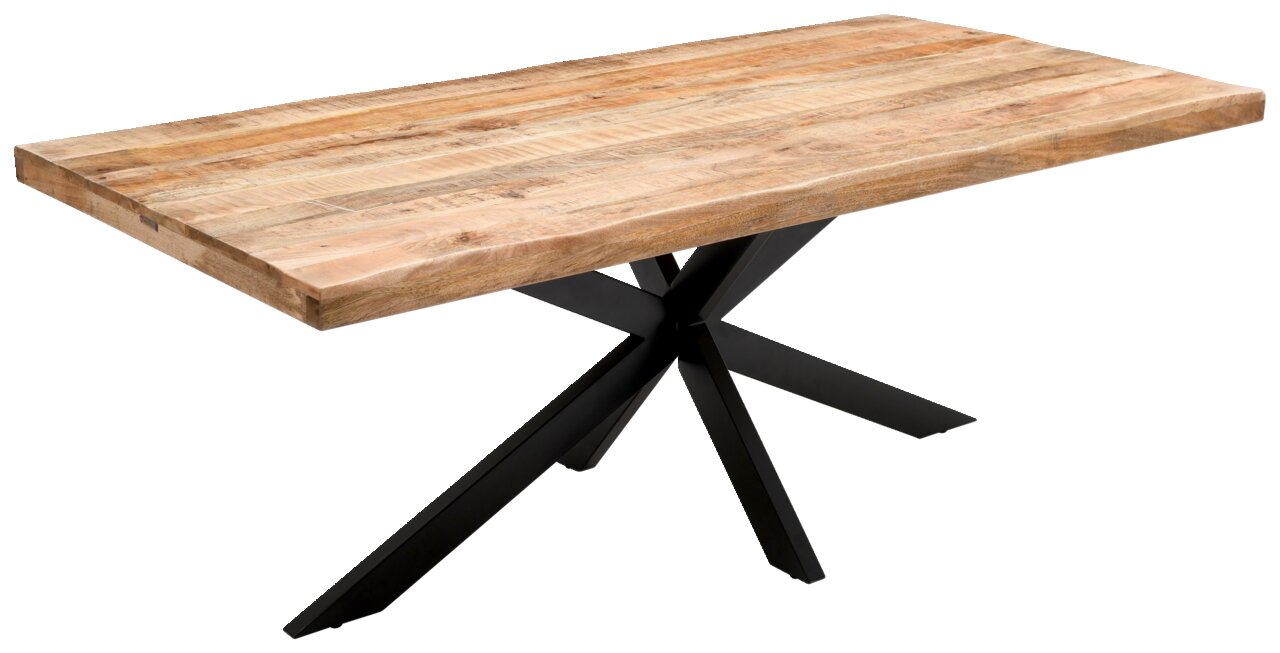 Moderner Esstisch aus Holz mit schwarzem Metallgestell, seitliche Perspektive