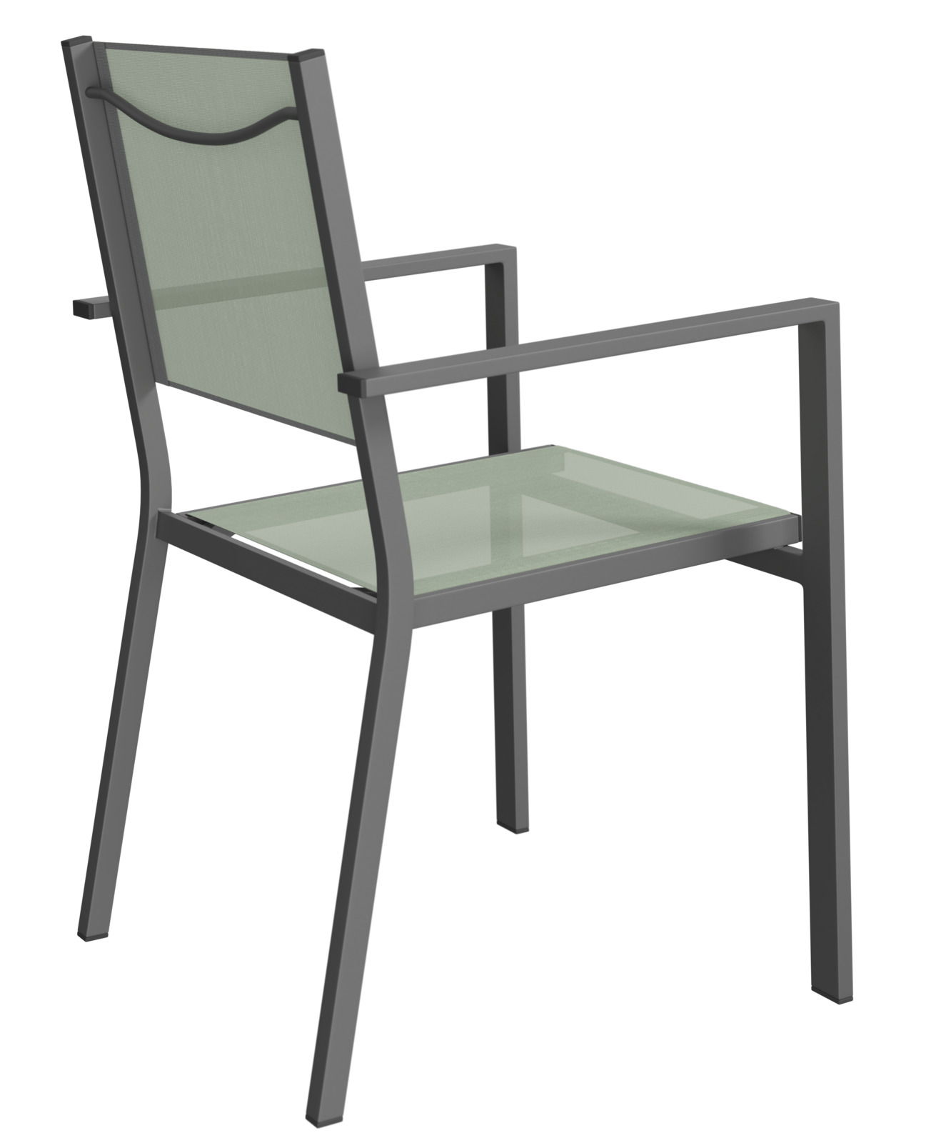 Moderner Stapelsessel aus Metall mit Armlehnen, seitliche Rückansicht