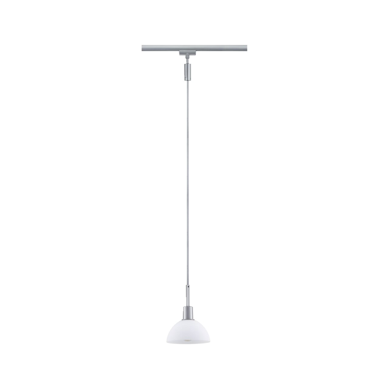 Hängelampe mit schlichtem, modernem Design, silberner Aufhängung und weißem Lampenschirm, seitliche Perspektive