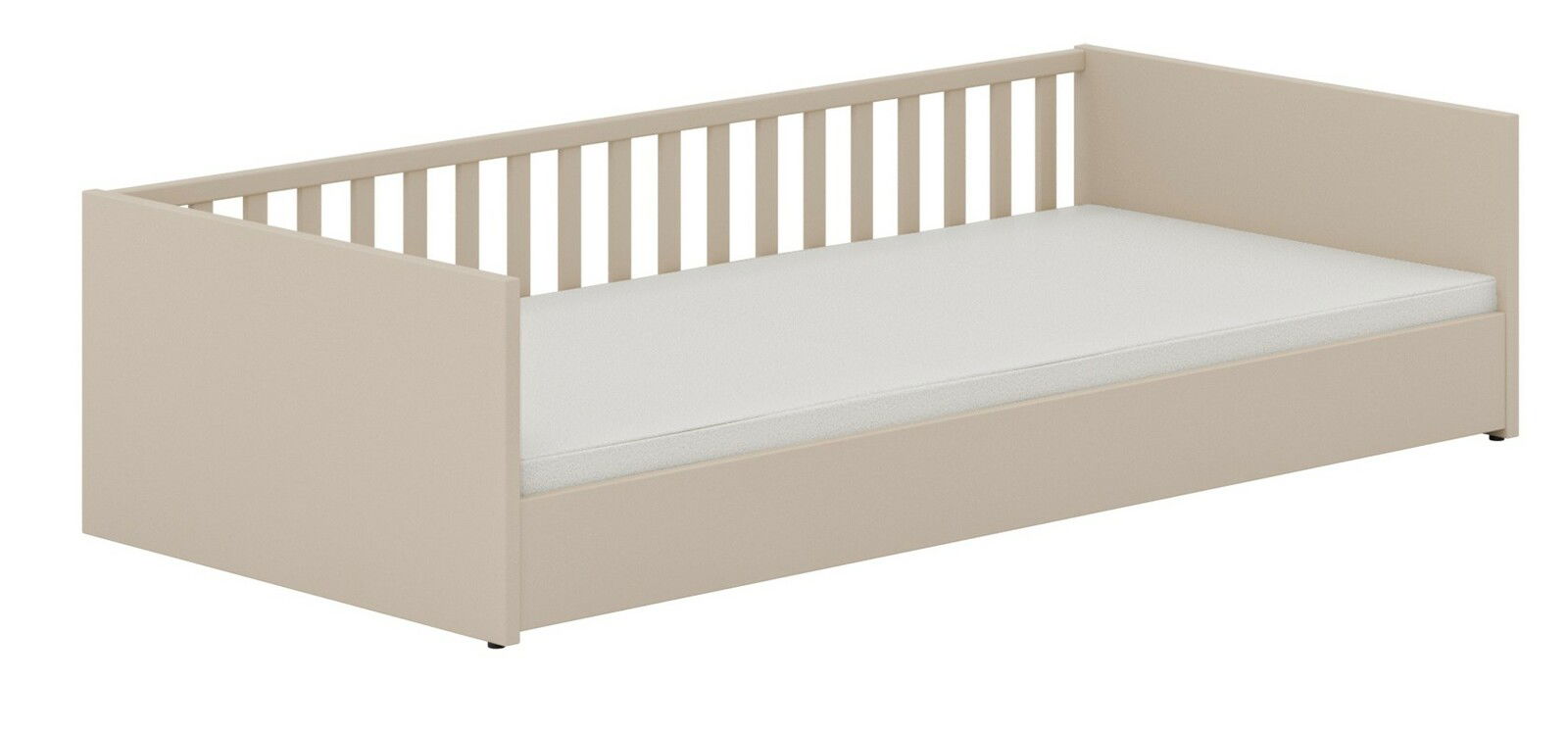 Bodenbett in Beige mit Gitterseiten, seitliche Perspektive