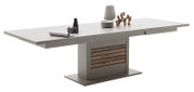 Moderne eettafel met rechthoekig tafelblad en centrale poot, zijaanzicht