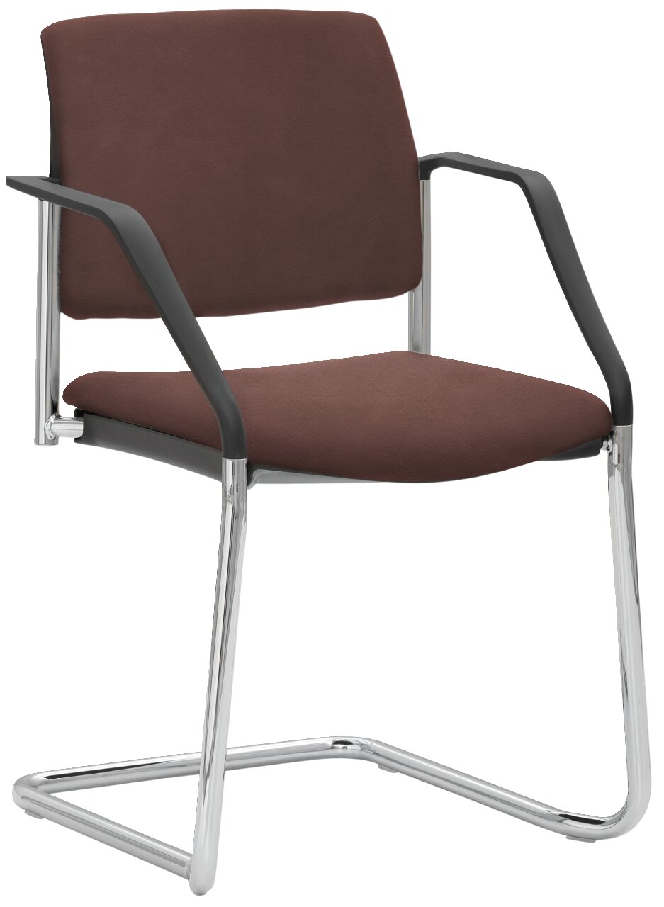 Moderner Freischwinger-Stuhl mit braunem Polster und schwarzem Gestell, seitliche Perspektive