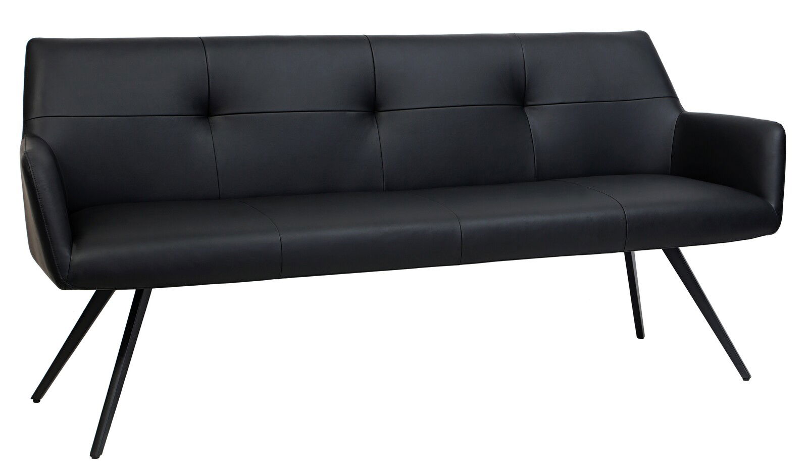 Novel Bank MEDUSA Schwarze Bank mit modernem Design, schräg von vorne fotografiert, mit gepolsterter Rückenlehne und schrägen Metallbeinen.