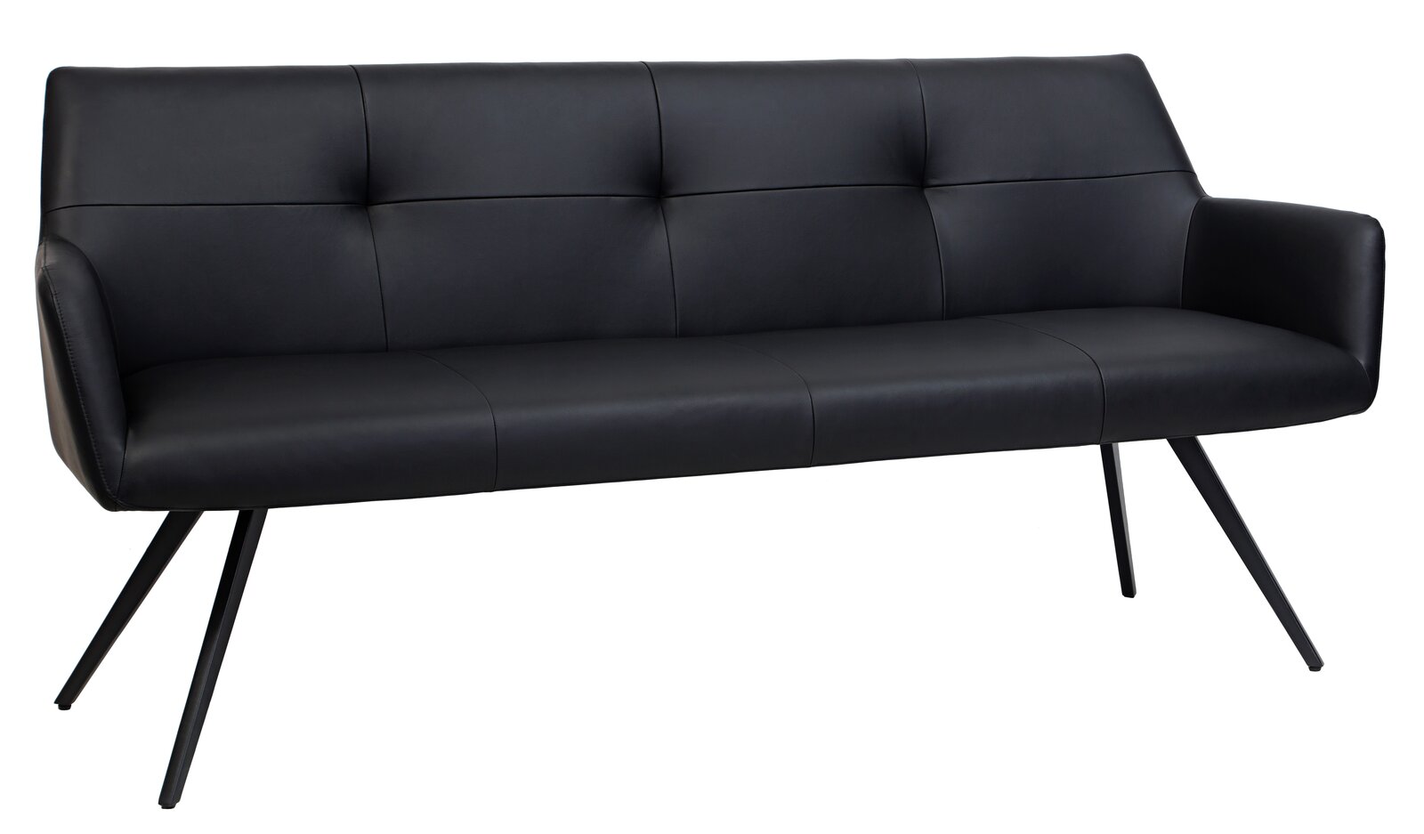 Schwarze Bank mit modernem Design, schräg von vorne fotografiert, mit gepolsterter Rückenlehne und schrägen Metallbeinen.