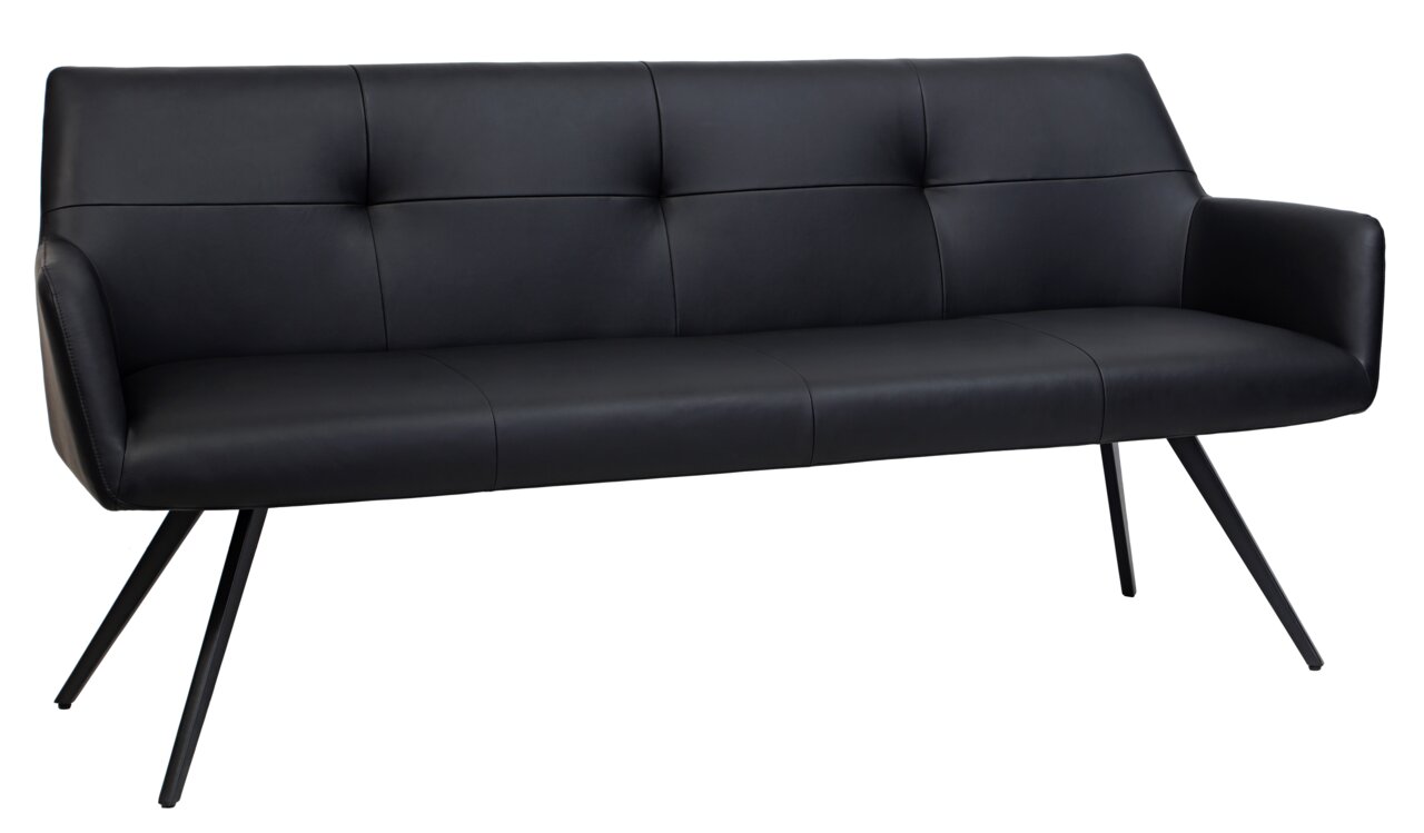 Novel Bank MEDUSA Schwarze Bank mit modernem Design, schräg von vorne fotografiert, mit gepolsterter Rückenlehne und schrägen Metallbeinen.