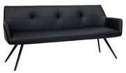 Schwarze Bank mit modernem Design, schräg von vorne fotografiert, mit gepolsterter Rückenlehne und schrägen Metallbeinen.